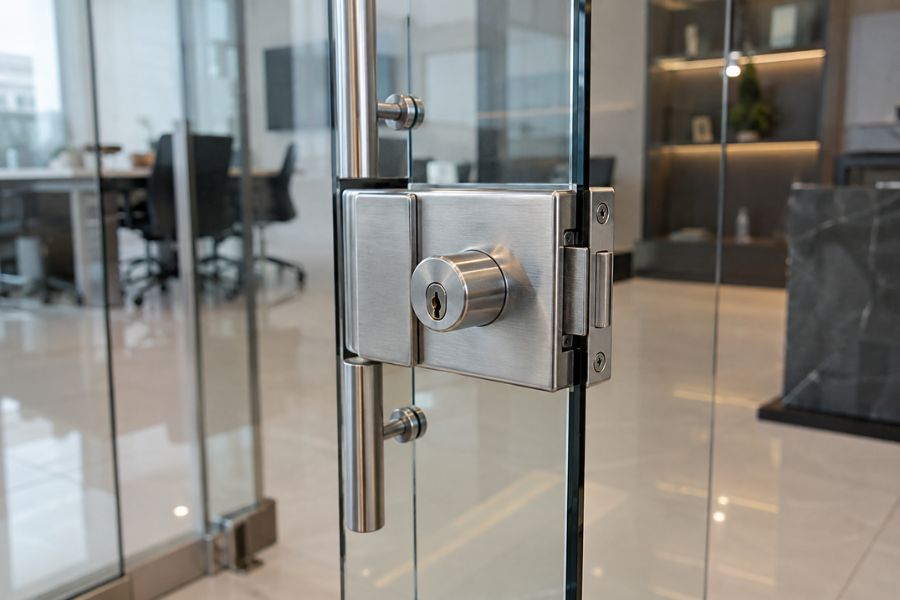 Khóa cửa kính thủy lực thường được sử dụng cho cửa kính cường lực mở quay dùng bản lề sàn