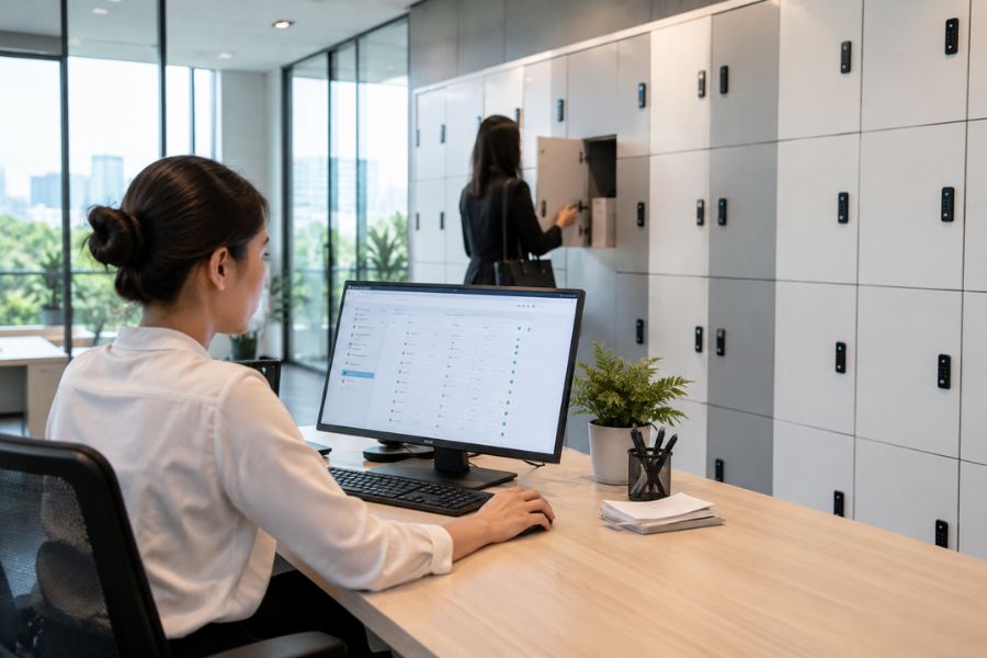 Khóa locker quản lý tập trung kết nối nhiều ngăn tủ với bộ điều khiển và phần mềm chung.