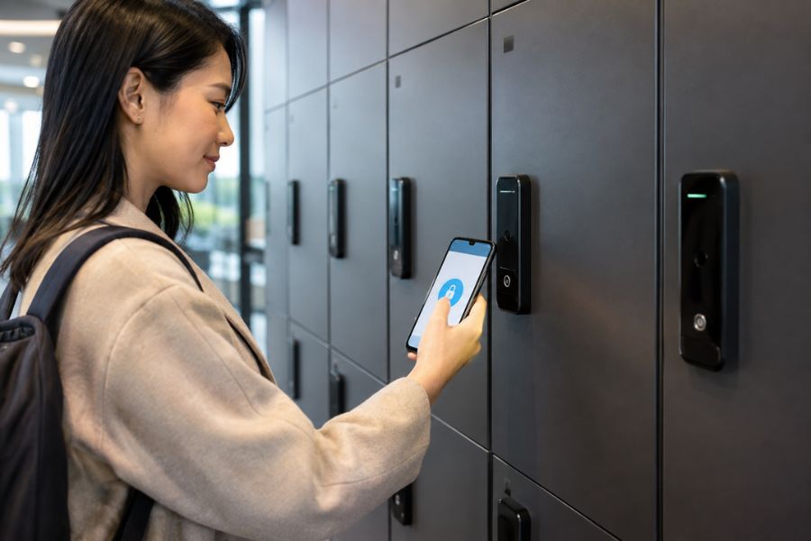 Khóa tủ locker Bluetooth hoặc khóa điều khiển bằng app cho phép mở và quản lý tủ bằng điện thoại