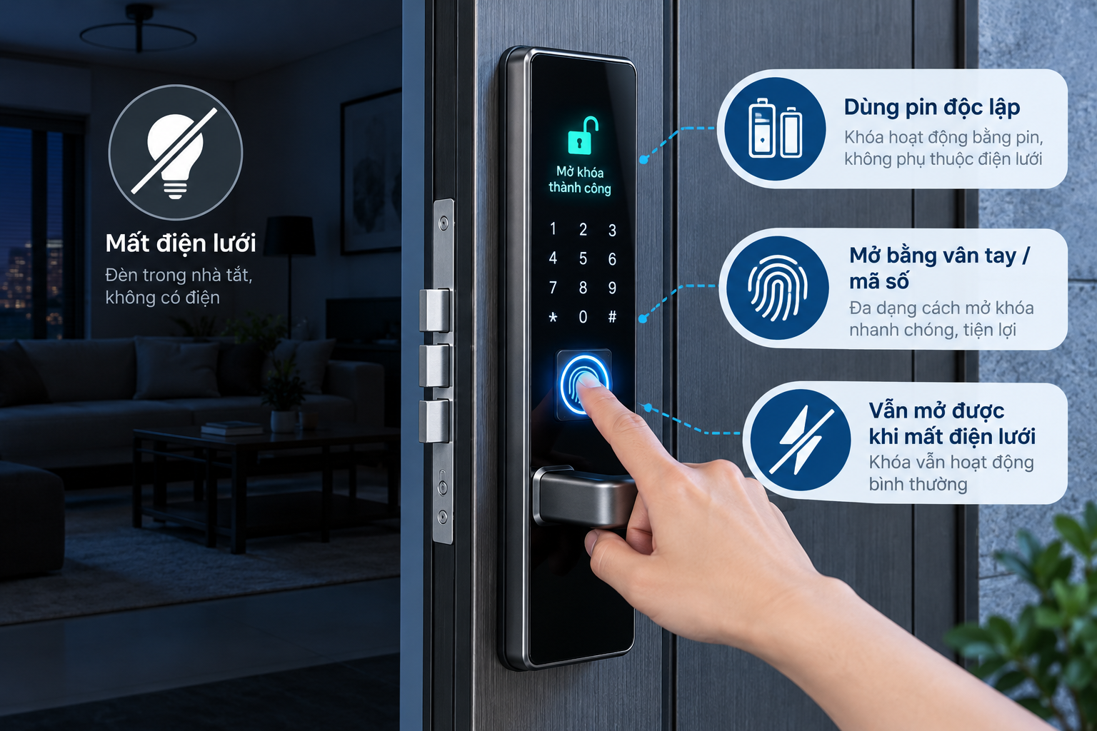 cửa khoá vân tay mất điện có mở được không